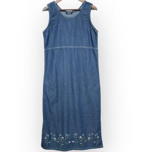 MPH Collection Denim Maxi Dress Women Size L Blue Floral‎ Sleeveless 100% Cotton